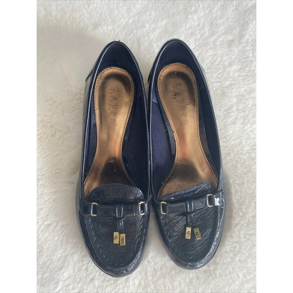 Lauren‎ Ralph Lauren Navy Patent Leather Wedge Loafer Pumps Gold Hardware 6B